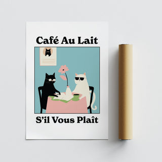 Quirky kitchen wall art close-up of two cats at table with pink flower and green cup beside a packaging tube