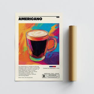 Coffee print for kitchen featuring pop-art style americano coffee cup alongside packaging tube