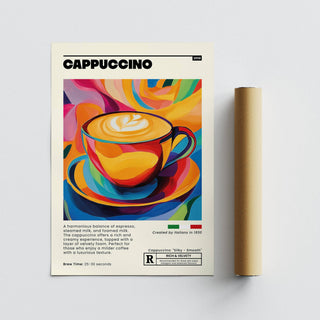 Coffee Cup Wall Art print with colourful pop-art cappuccino cup next to a brown packaging tube