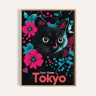Japanese cat art featuring whimsical black cat with floral accents for bedroom decor