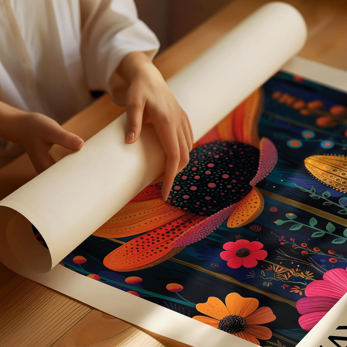 Detail close-up of flower wall decor showing an orange flower with a black centre and colourful botanical illustration style rolled on