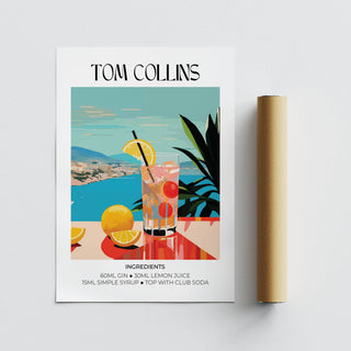 Artwork Bar sheet print of a tom collins cocktail with lemons and a tropical background with packaging tube