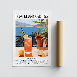 Cocktail wall art print of Long Island Iced Tea recipe with orange and blue shades next to packaging tube
