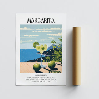 Detail close-up of margarita cocktail illustration with light blue sky and green limes beside packaging tube