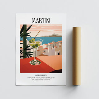 Martini Poster flat print with a martini cocktail with olives and ingredients next to a brown packaging tube