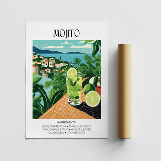 Cocktail print of a mojito cocktail glass with lime and green leaves alongside a packaging tube