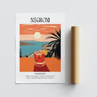 Vintage bar artwork print of a negroni cocktail glass with orange and blue tones leaning next to a brown packaging tube