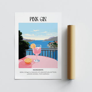 Matisse Pink Gin print with pink gin cocktail and lemon on a balcony next to packaging tube