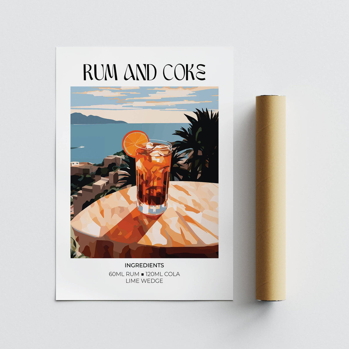 Cocktail recipe poster showing rum and coke cocktail illustration with blue sky and palm tree beside a packaging tube