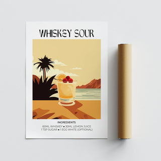 Whiskey sour cocktail minimalist illustration with text and ingredients next to a packaging tube