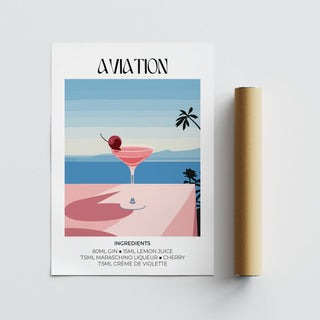 Print of cocktails showing an aviation cocktail illustration with a packaging tube nearby