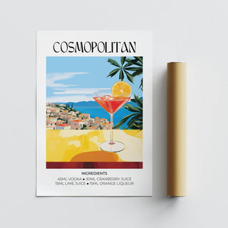 Drink Art showing a close-up of a cosmopolitan cocktail glass illustration with a countryside background and recipe text