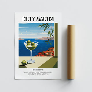 Matisse Dirty Martini art print with minimalist illustration and blue sea background next to a packaging tube