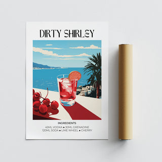 Rolled print with minimalist Dirty Shirley cocktail illustration and ingredients list