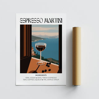 Espresso Martini Poster flat artwork of cocktail illustration with ingredients next to a brown packaging tube