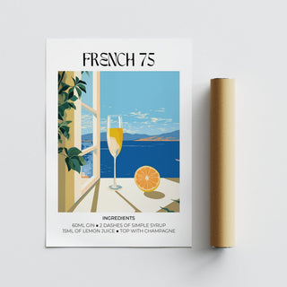 Bar Artistique print of French 75 cocktail illustration with blue sea and orange slice next to packaging tube
