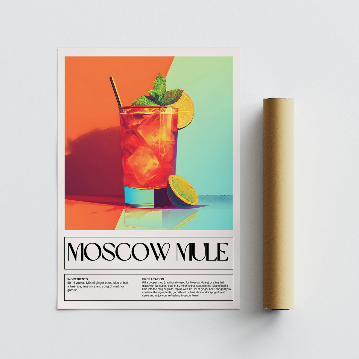 Detail close-up of Moscow mule cocktail illustration print with orange and blue background and a packaging tube