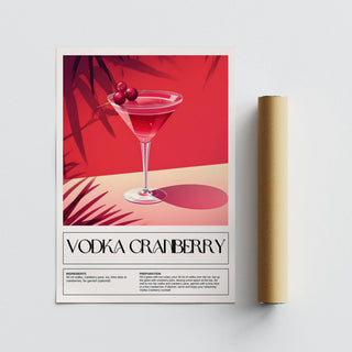 Vodka cranberry cocktail illustration print flat alongside packaging tube on a grey surface