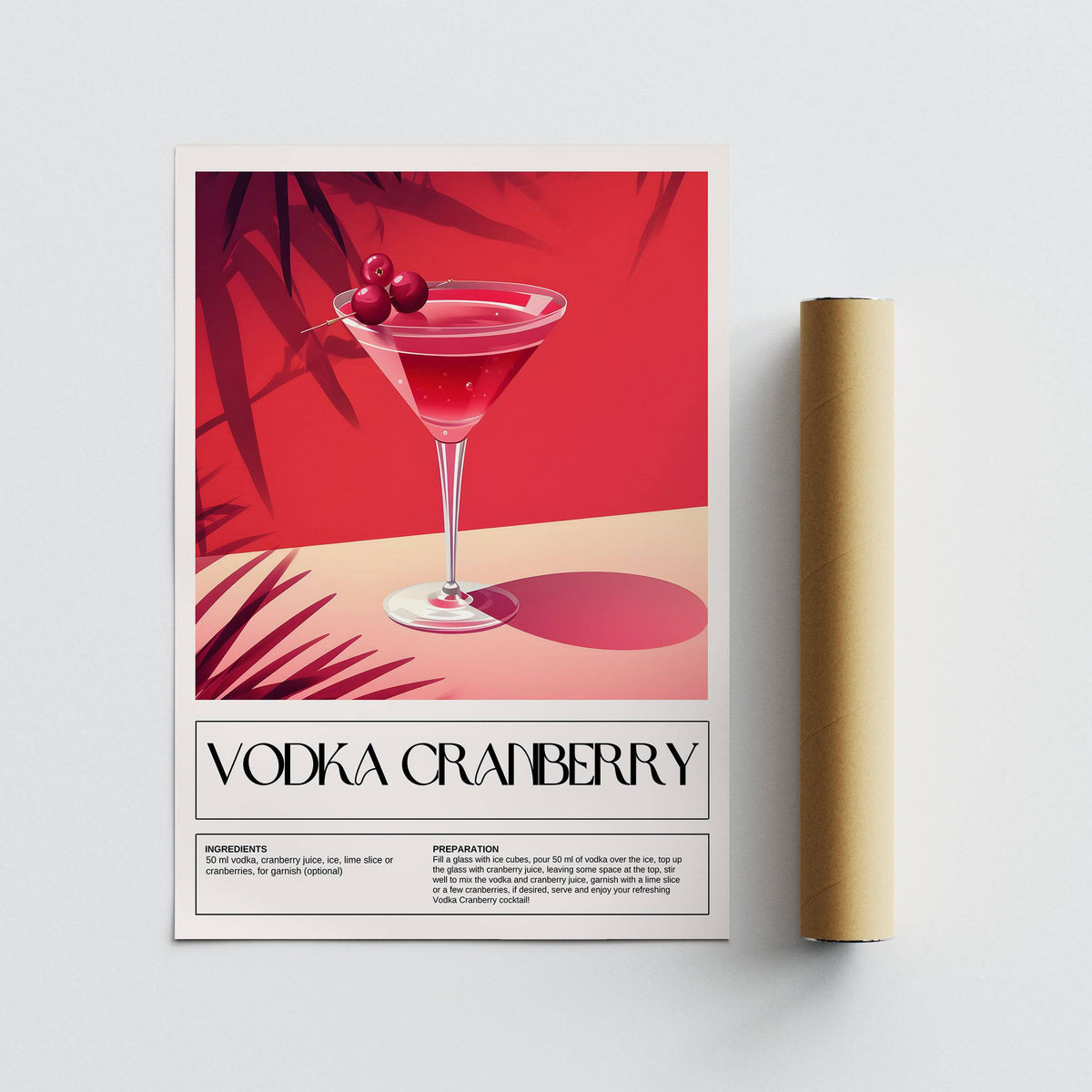 Vodka cranberry cocktail illustration print flat alongside packaging tube on a grey surface