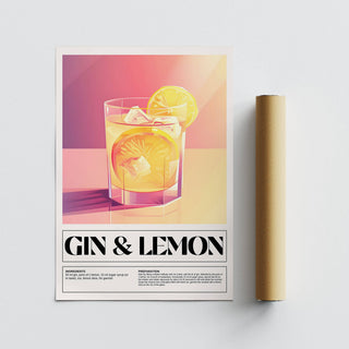 Gin and lemon cocktail illustration print leaning on a surface with a packaging tube