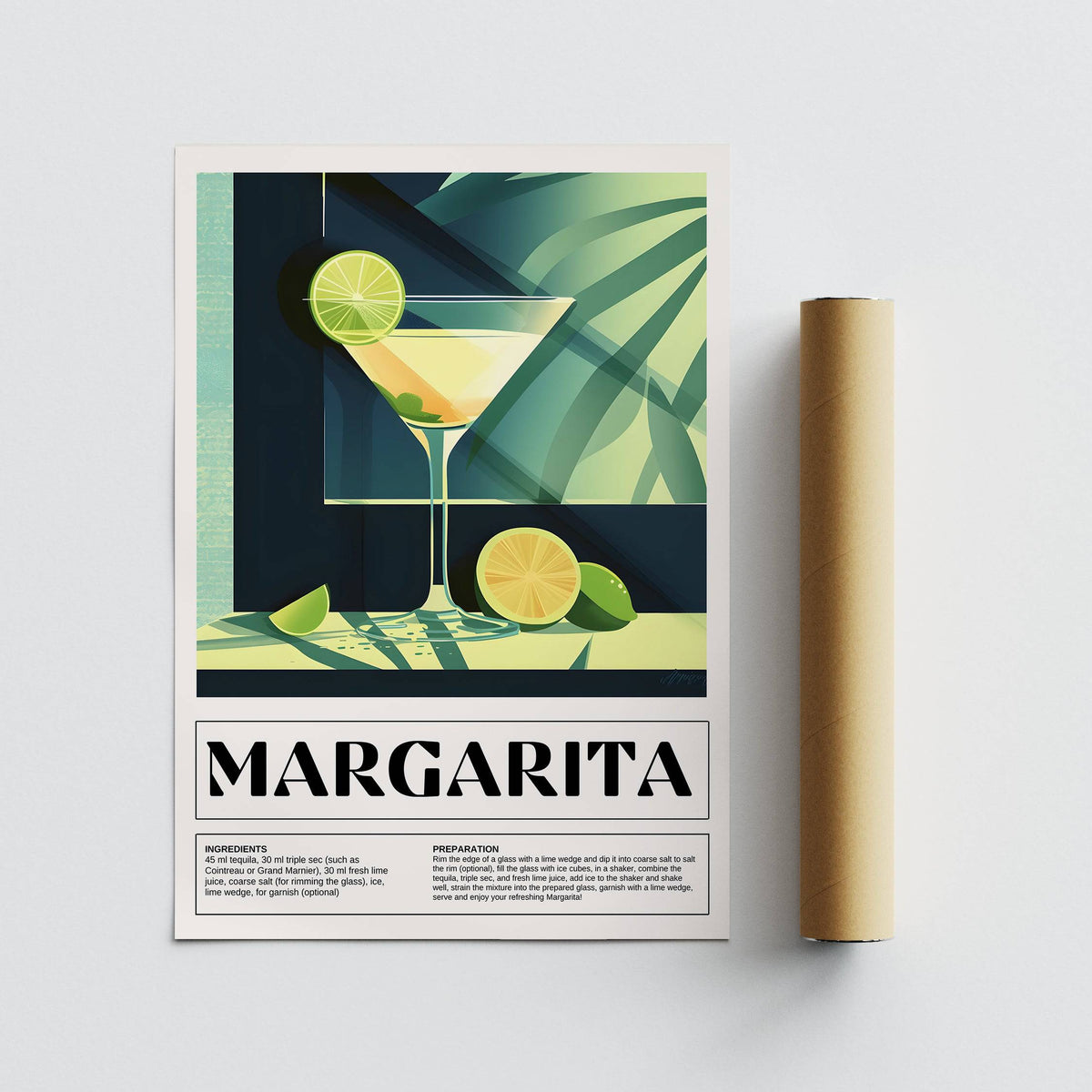 Margarita cocktail print with lime slices next to a packaging tube on a light surface