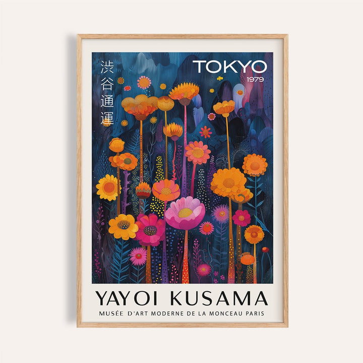 Framed print close-up of colorful flower wall art with orange and pink flowers on a dark background