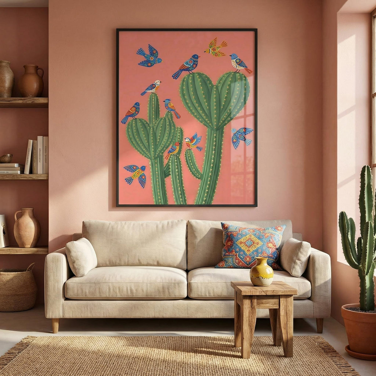 Cactus Poster Print framed print of colourful birds on green cactus above beige sofa with patterned cushion