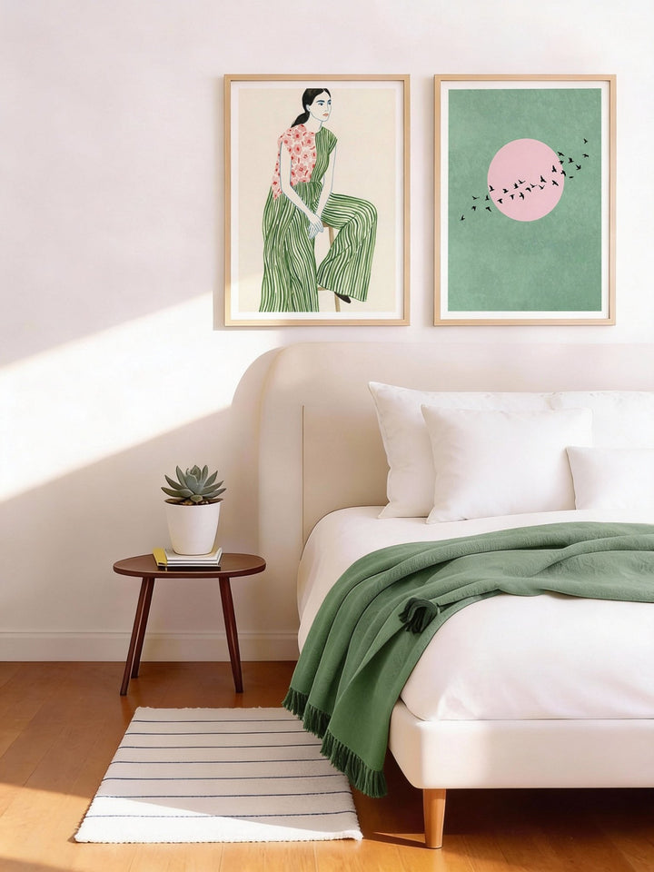 Minimalist wall art set of 2 with a woman in striped dress and pink sun over green background above a bed