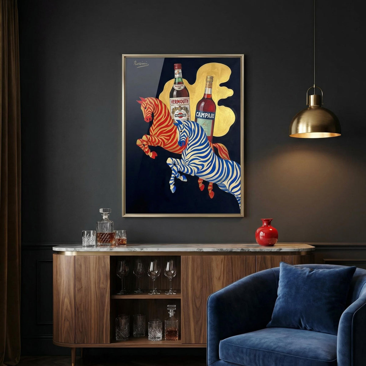 Vintage Beverage Art print with red and blue striped horses against a gold splash in a dark room above a cabinet