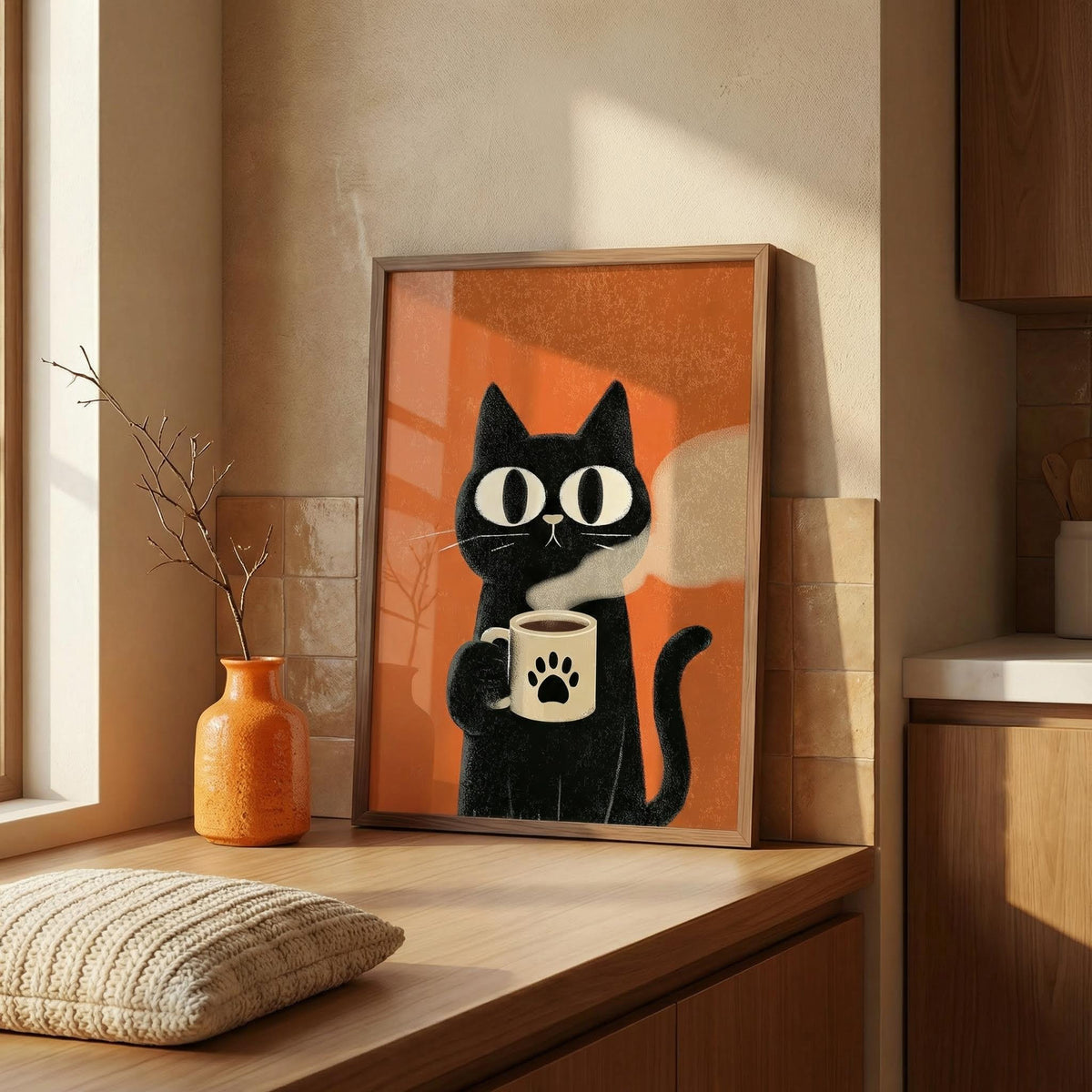 Cat Coffee Mug Print leaning on a kitchen counter with an orange vase and window light