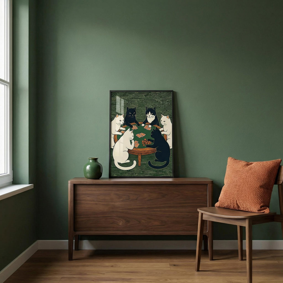 Room interior with a painting of cats on a wall, wooden cabinet, and chair.