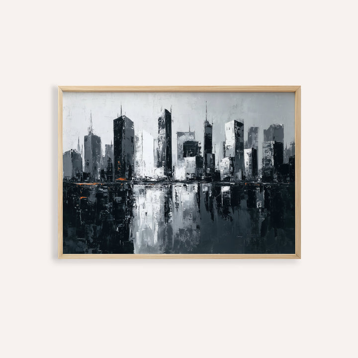 Framed City Skylines wall art showing an abstract city skyline reflection in grey black and white