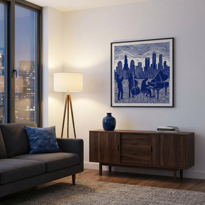 Musician Poster Art print in blue and white line-art style above a wooden sideboard with a blue vase