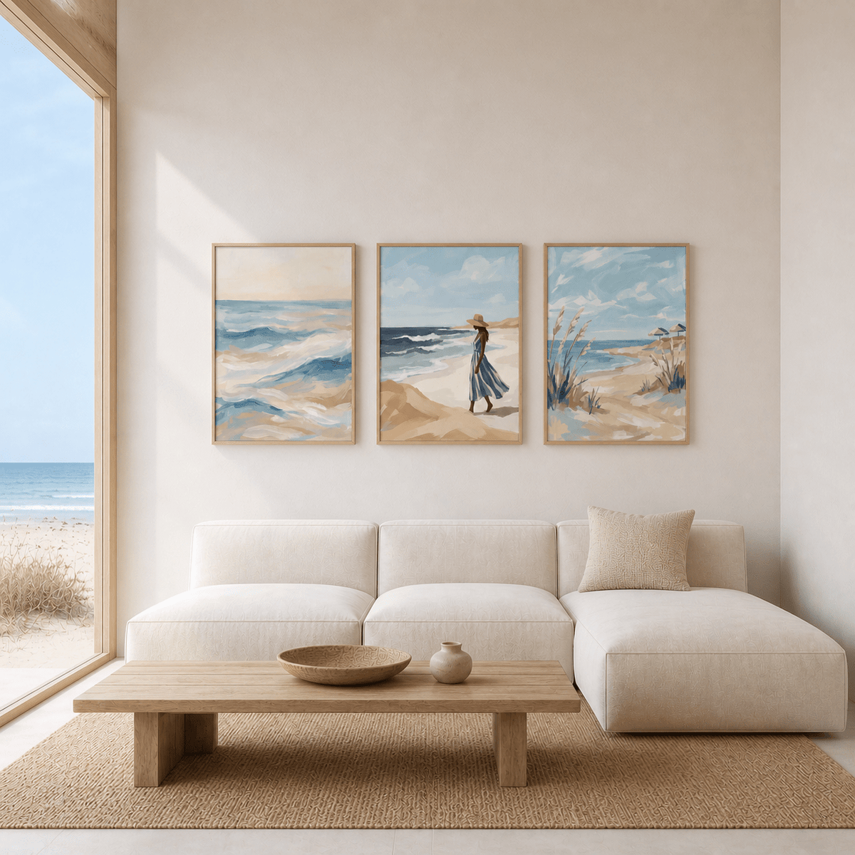 Coastal wall art set of three watercolour prints with beach and ocean scenes above a beige sofa