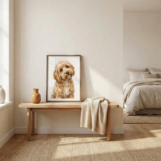 Framed picture of a dog on a wooden bench in a bedroom with a bed and lamp in the background.