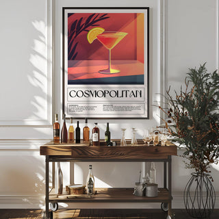 Drink Poster Art framed print of a cosmopolitan cocktail illustration with orange and pink tones above a drinks trolley