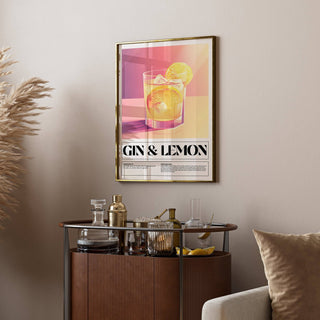 Bar wall decor of a gin and lemon cocktail illustration in pink and yellow above a drinks trolley