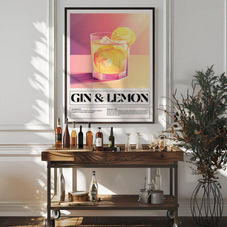 Bar wall decor of a gin and lemon cocktail illustration above a wooden drinks trolley in a bright room