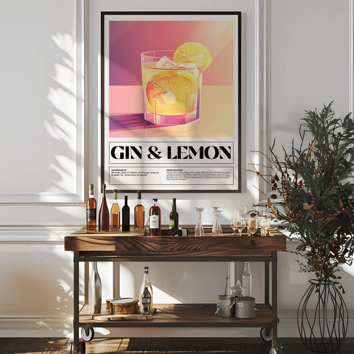 Bar wall decor of a gin and lemon cocktail illustration above a wooden drinks trolley in a bright room