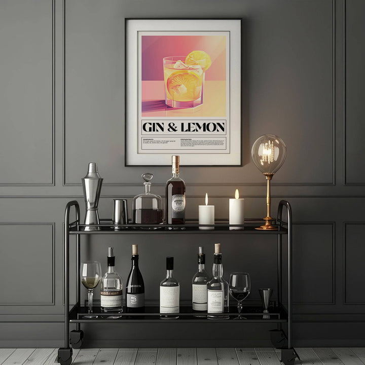 Bar wall decor showing a gin and lemon cocktail illustration in pink and yellow above a drinks trolley with bottles and candles