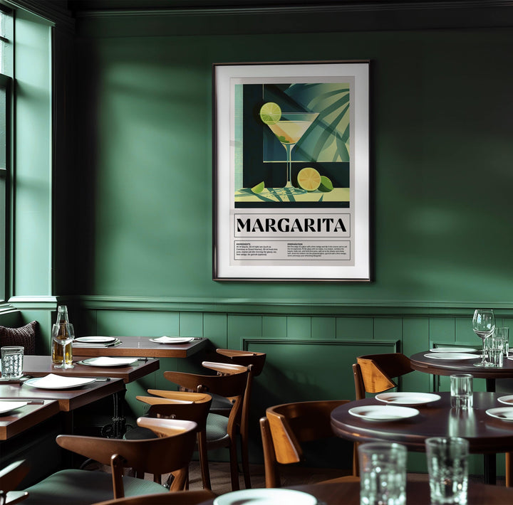 Cocktail Glass Art framed print of a margarita cocktail with lime green and beige colours in a green dining room