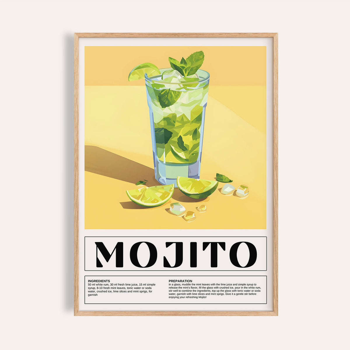 Bar Decor for Home mojito cocktail illustration with lime and mint on a yellow background in a wooden frame