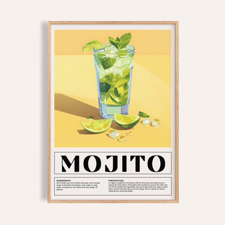 Bar Decor for Home mojito cocktail illustration with lime and mint on a yellow background in a wooden frame