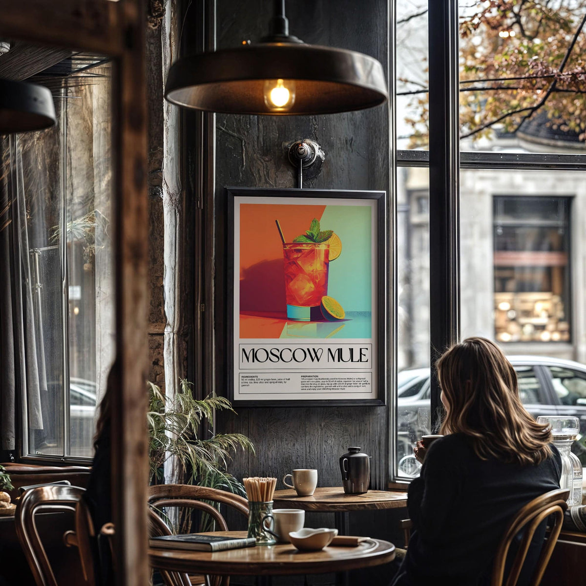 Home Bar Decorations on a wall by a window in a cafe with a hanging lamp and a person sitting at a table