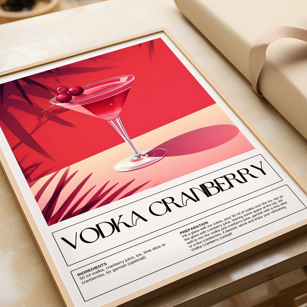 Framed Home Bar Print of a vodka cranberry cocktail illustration with red and pink colours
