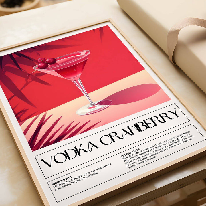 Framed Home Bar Print of a vodka cranberry cocktail illustration with red and pink colours