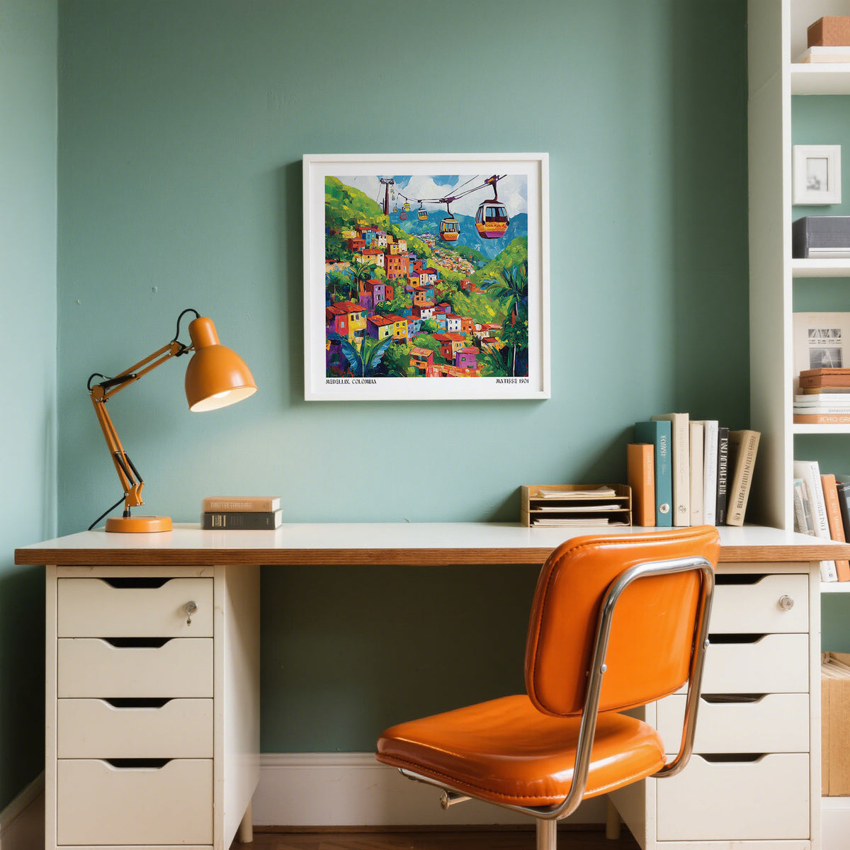 Home office with a desk, lamp, books, and Colombia Wall art of Medellin above desk.