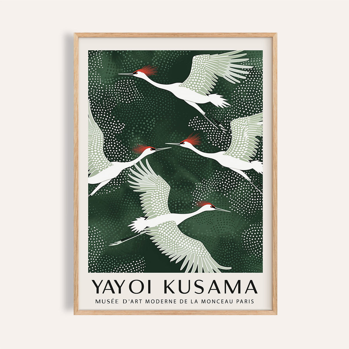 Japandi wall art of red-crowned cranes flying against a dark green abstract background