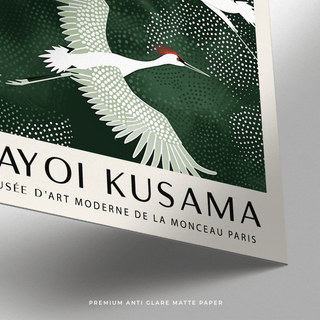 Detail close-up of Japandi wall art with red-crowned cranes on dark green background