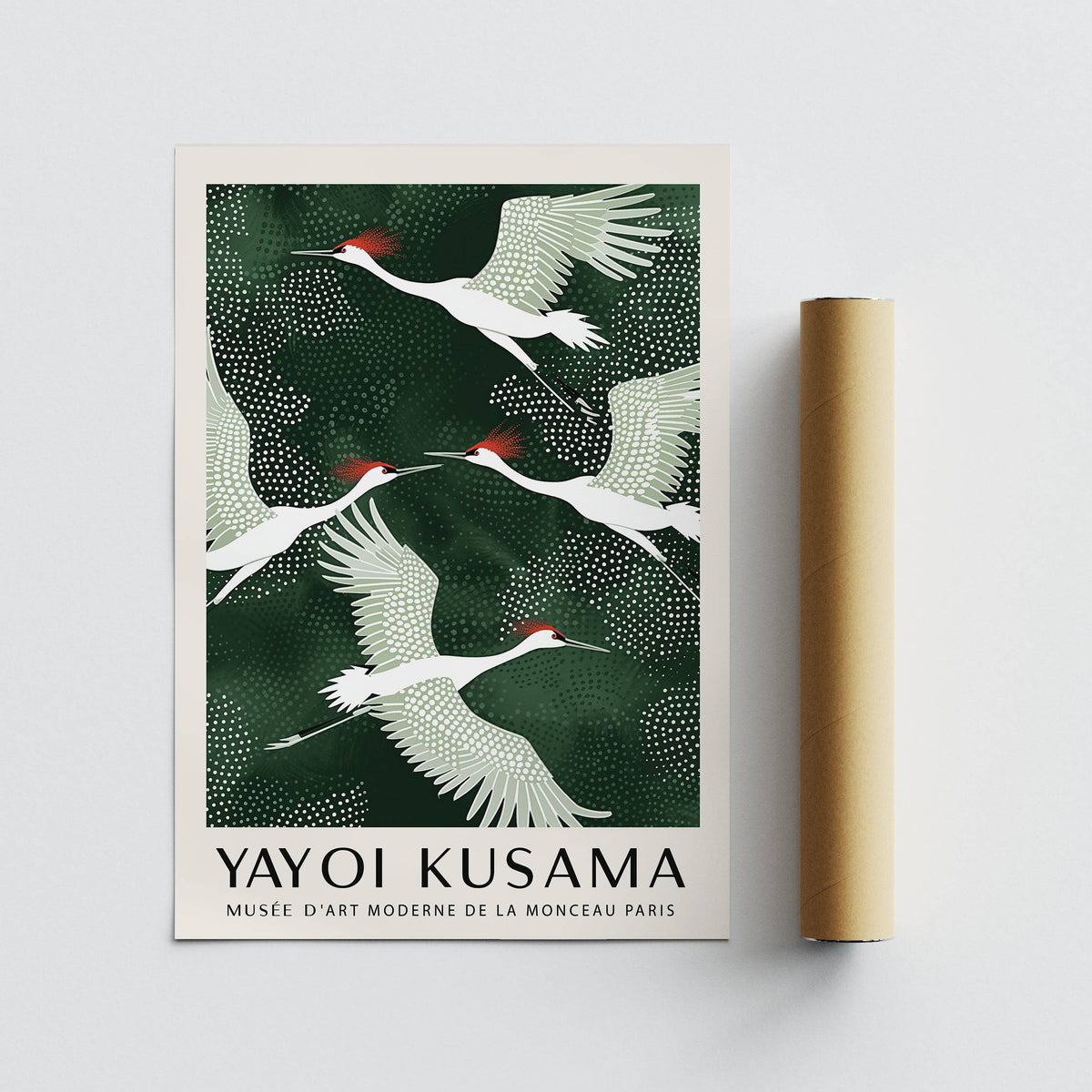Japandi wall art of red-crowned cranes flying with minimalist green and white shapes with packaging tube